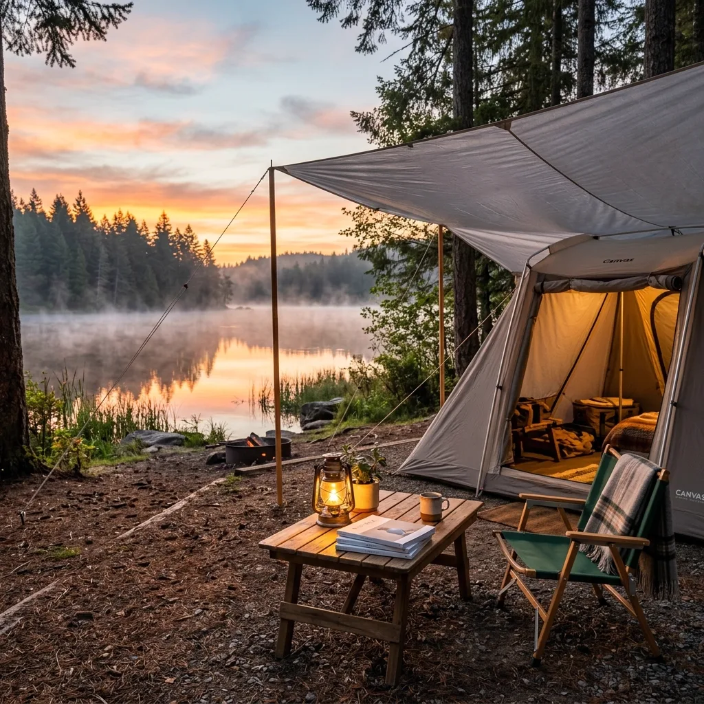 แคมป์ปิ้งสไตล์ Glamping สะดวกสบายระดับโรงแรม: รวม 4 ไอเทมกลางแจ้ง เต็นท์กางไว 3 วินาที ทาร์ปกันแดด ที่นอนลมไฟฟ้า และเก้าอี้ลายไม้